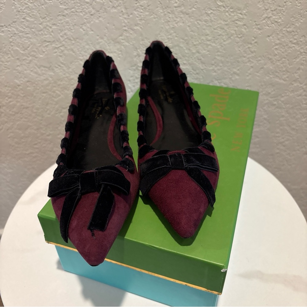 kate spade Burgundy Suede Pointed-Toe Flats with Black Ribbon Trim - Picture 2 of 12